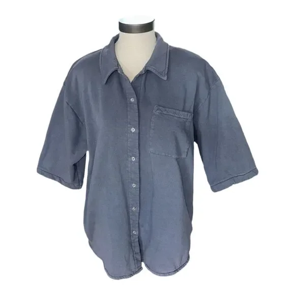 Allen Allen, USA Beach Oversized Jersey Fleece Button Up Shirt VTG Women's S-M - Picture 2 of 9